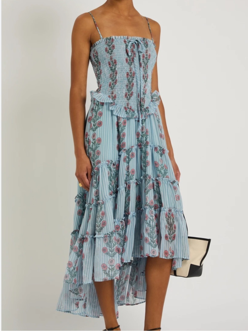 NWT Free People Alejandra Midi Dress Soft Blue Combo smocked high-low Sz XL